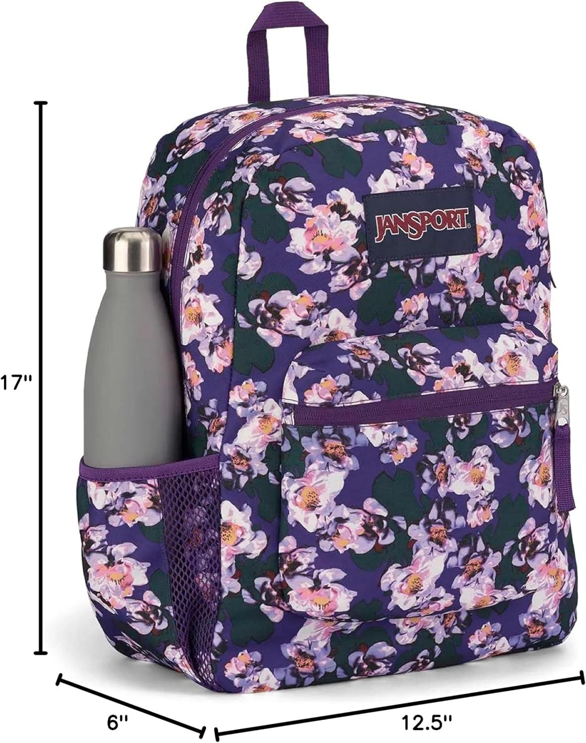 imageJanSport Cross Town Backpack 17quot x 125quot x 6quot Simple Bag for Everyone with 1 Main Compartment Front Utility Pocket Premium Class Accessories BlackPurple Petals