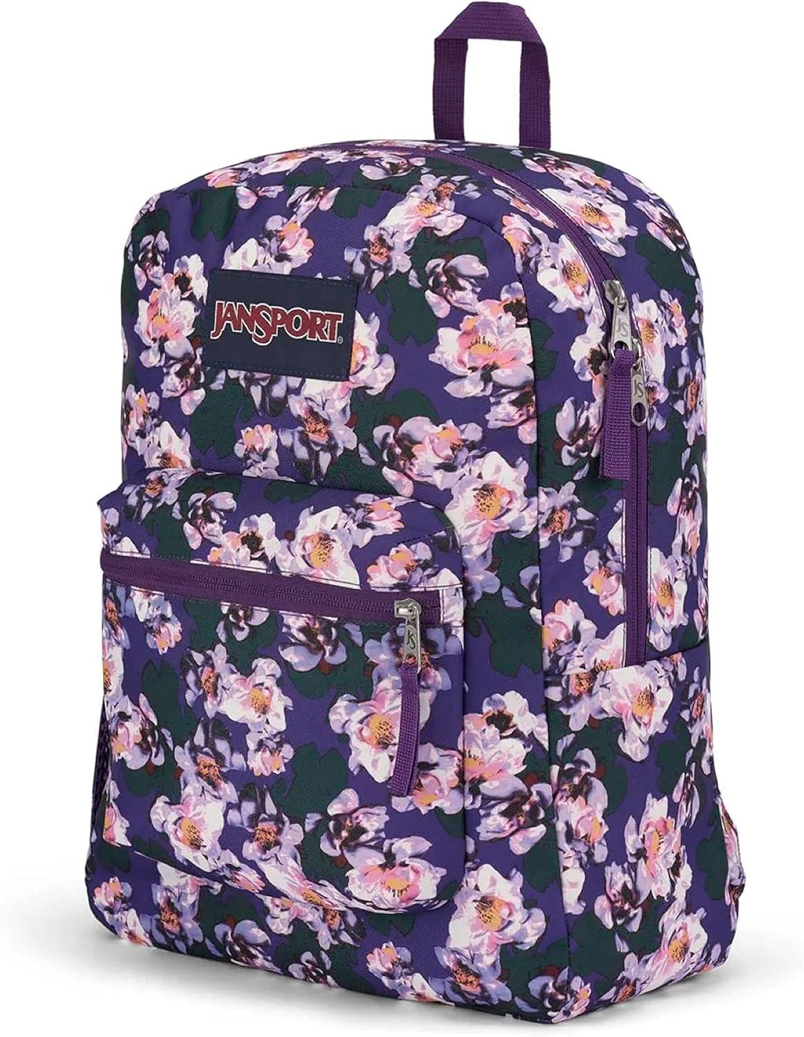imageJanSport Cross Town Backpack 17quot x 125quot x 6quot Simple Bag for Everyone with 1 Main Compartment Front Utility Pocket Premium Class Accessories BlackPurple Petals