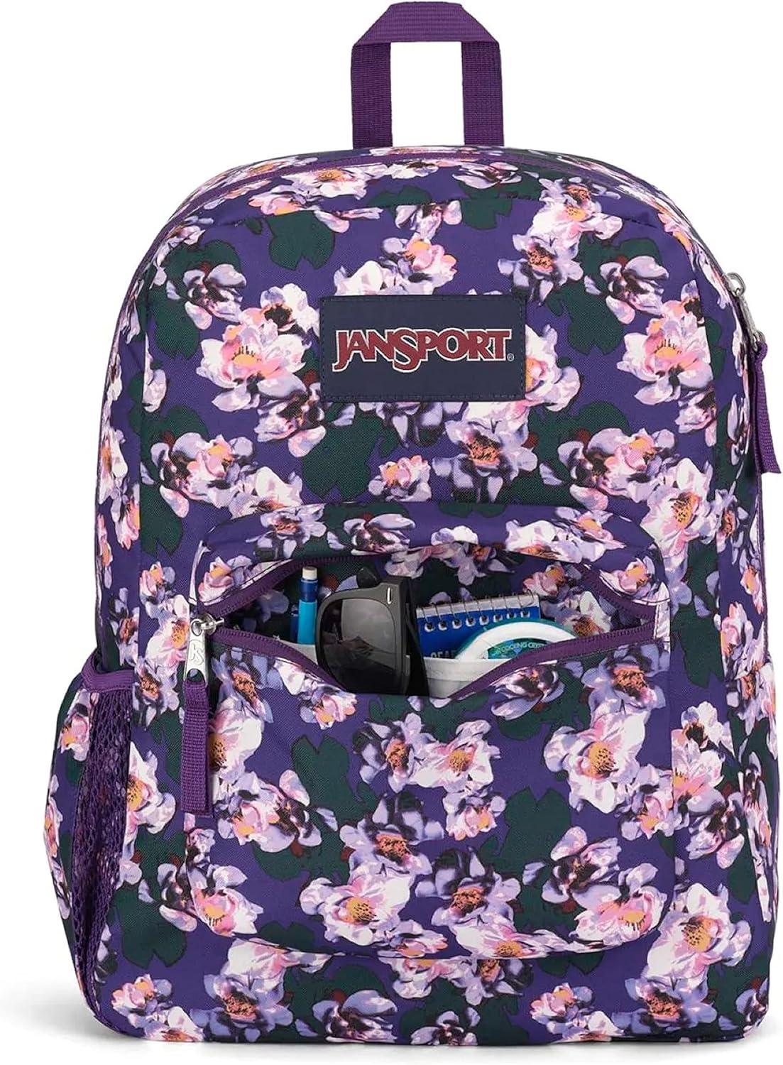 imageJanSport Cross Town Backpack 17quot x 125quot x 6quot Simple Bag for Everyone with 1 Main Compartment Front Utility Pocket Premium Class Accessories BlackPurple Petals