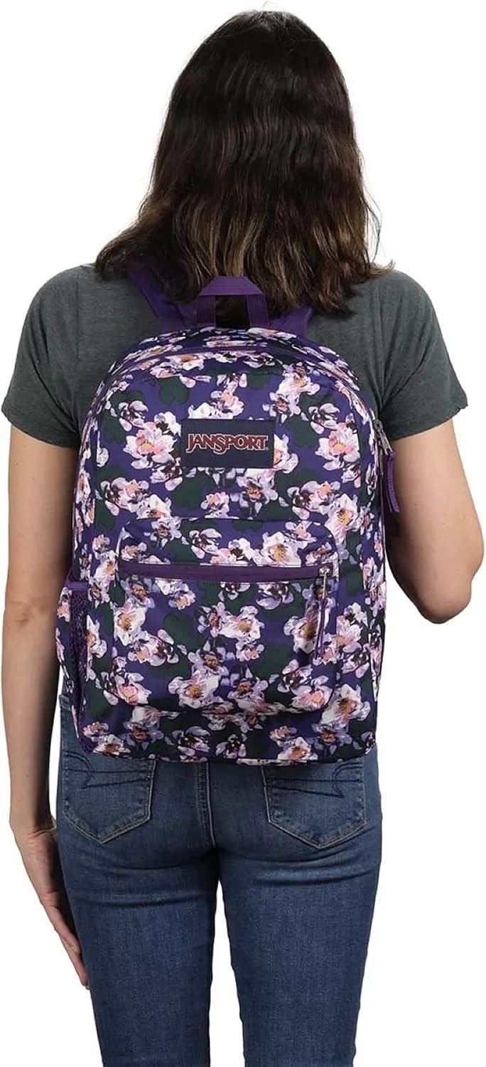 imageJanSport Cross Town Backpack 17quot x 125quot x 6quot Simple Bag for Everyone with 1 Main Compartment Front Utility Pocket Premium Class Accessories BlackPurple Petals