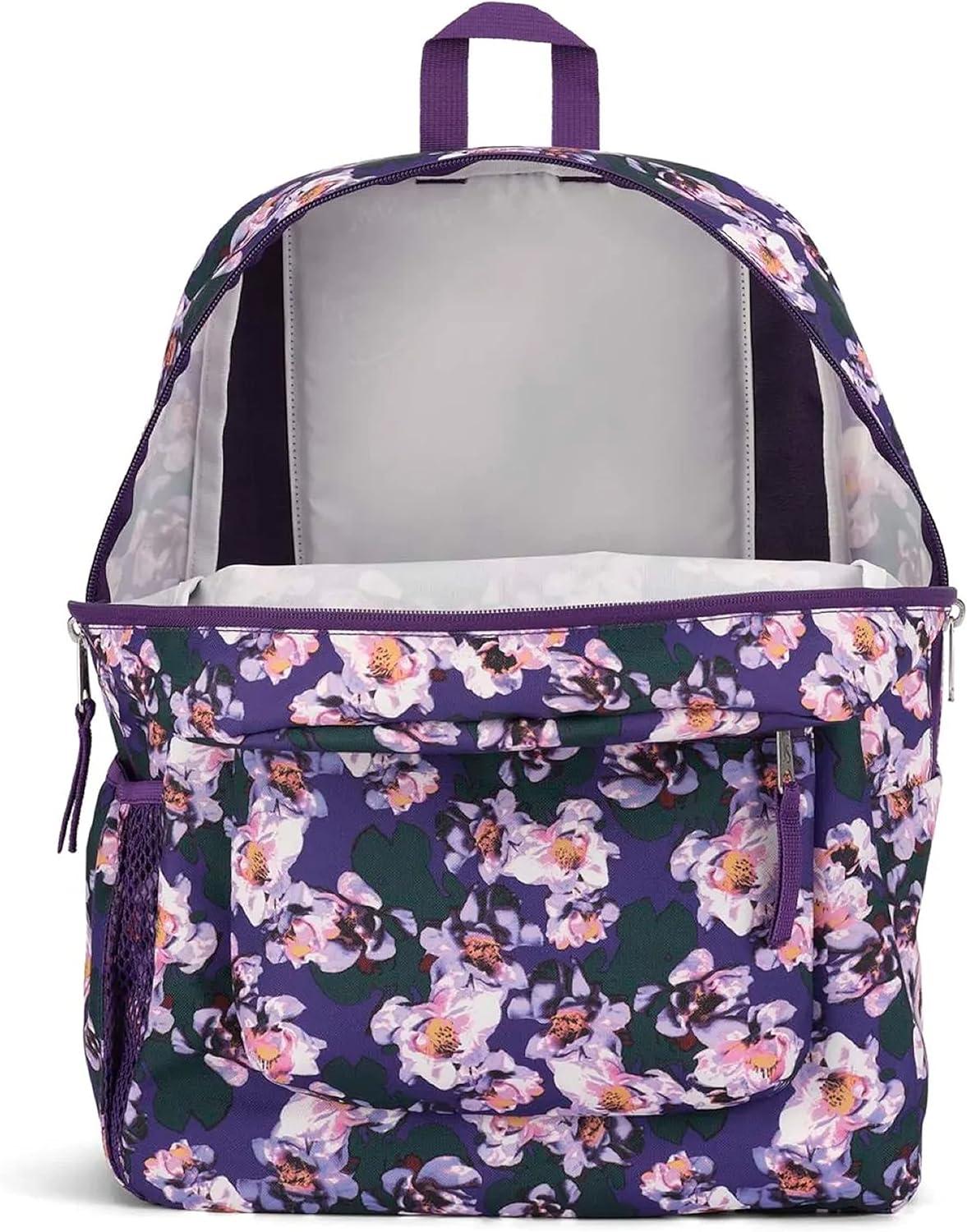 imageJanSport Cross Town Backpack 17quot x 125quot x 6quot Simple Bag for Everyone with 1 Main Compartment Front Utility Pocket Premium Class Accessories BlackPurple Petals