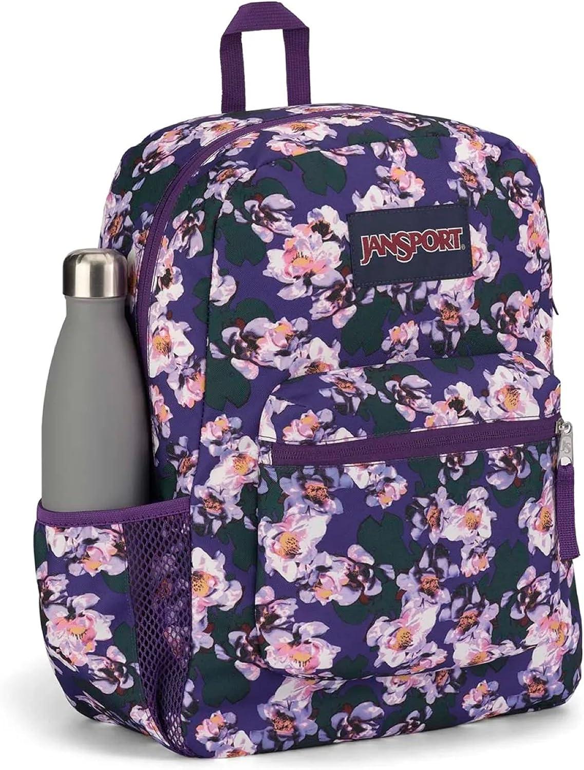 imageJanSport Cross Town Backpack 17quot x 125quot x 6quot Simple Bag for Everyone with 1 Main Compartment Front Utility Pocket Premium Class Accessories BlackPurple Petals