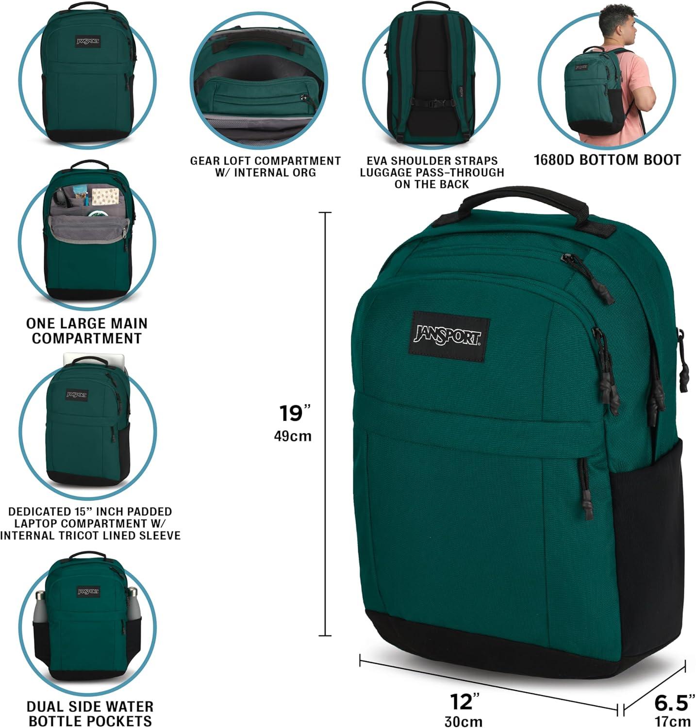 imageJanSport Landings Pack Large Backpack with Soft Back Panel Dual Water Bottle Pockets 15Inch Padded Laptop Compartment BlackDeep Juniper