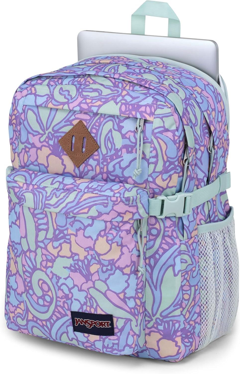 imageJanSport Main Campus Backpack  Travel or Work backpack w 15Inch Laptop Sleeve and Dual Water Bottle Pockets Graphite GreyFluid Floral Pastel Lilac
