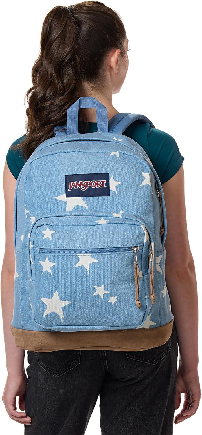 imageJanSport Right Pack Expressions Backpack Main Compartment 15inch Padded Laptop Compartment Side Water Bottle Pocket Utility Pocket with Zippered Rain Flap Discharge Denim StarDischarge Denim Star