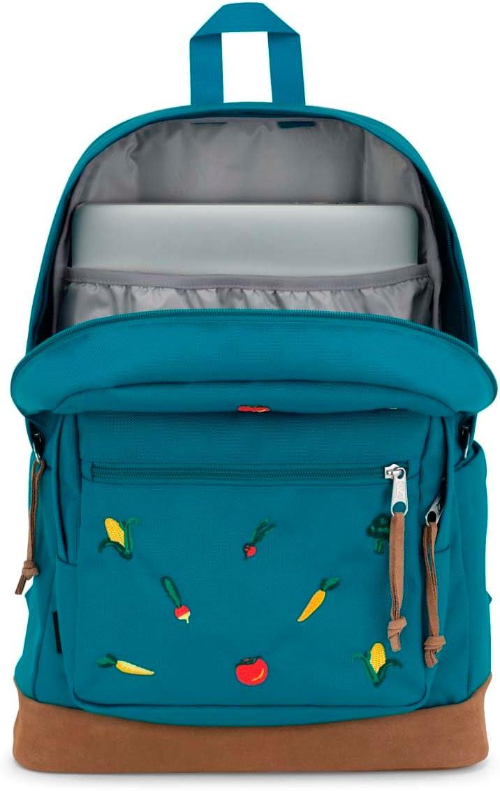 imageJanSport Right Pack Expressions Backpack  Main Compartment 15inch Padded Laptop Compartment Side Water Bottle Pocket Utility Pocket with Zippered Rain Flap Discharge Denim StarEmbroidered Veggies