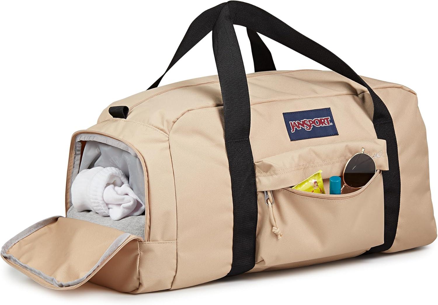 imageJanSport Weekender Duffel  Travel or Gym Bag Durable Weekender with Front Utility Pocket ampamp Side Grab HandlesTravertine