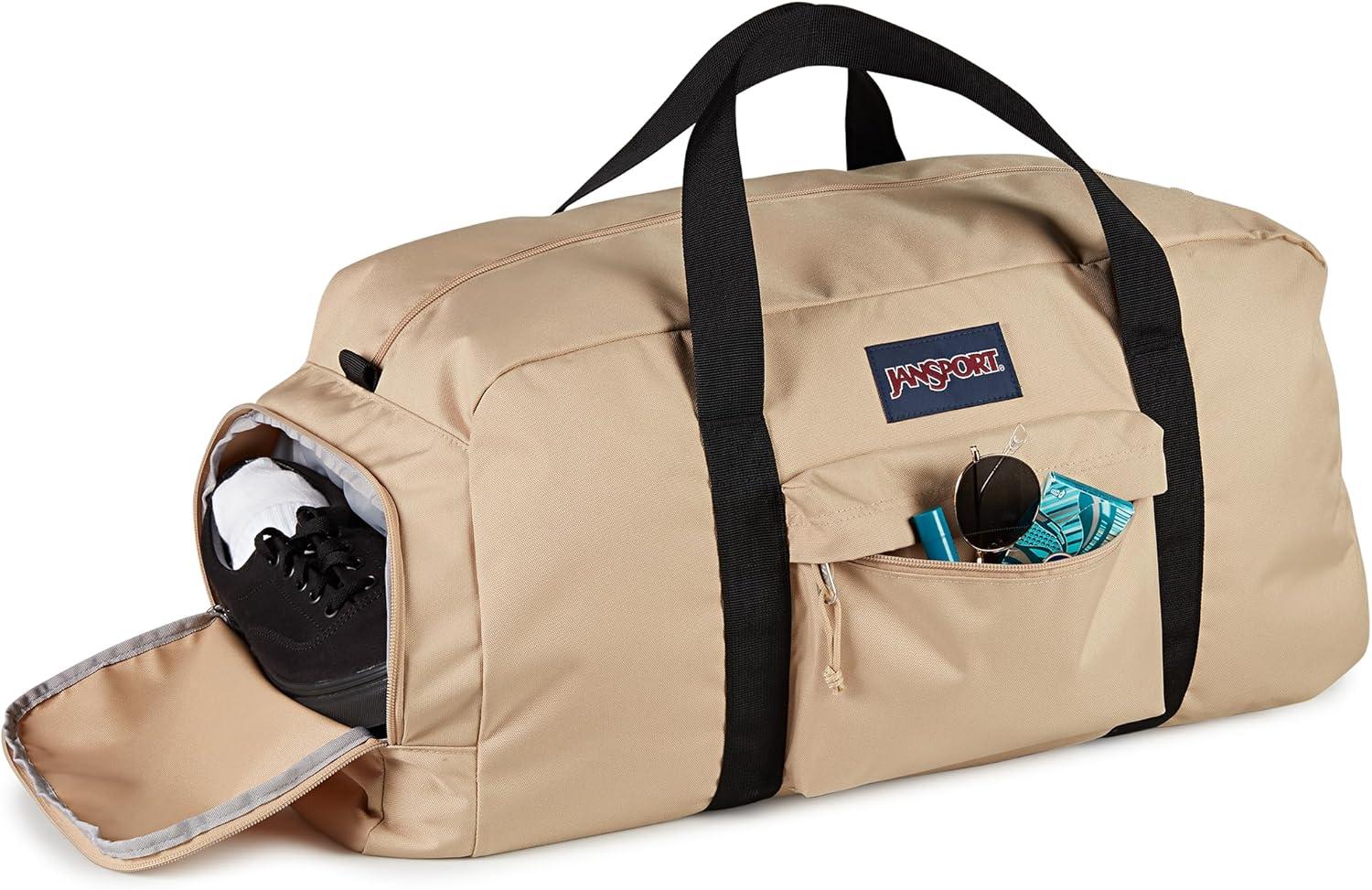 imageJanSport Weekender Duffel  Travel or Gym Bag Durable Weekender with Front Utility Pocket ampamp Side Grab HandlesTravertine