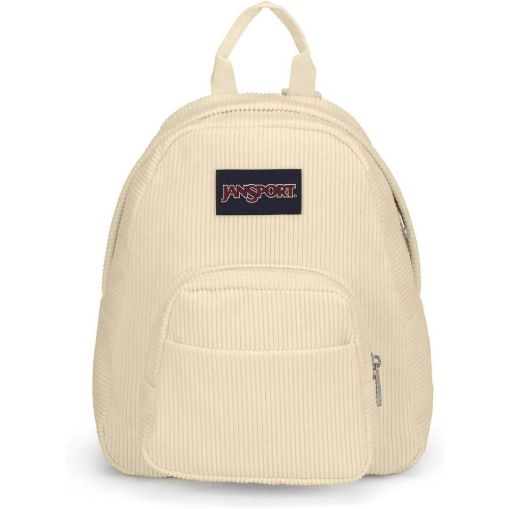 imageJanSport Half Pint FX Mini Backpack One Main Compartment Front Zippered Stash Pocket Adjustable Webbing Shoulder Straps Web Haul Handle Navy CorduroyCoconut Corduroy